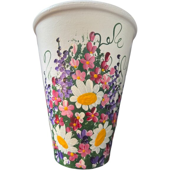 Sublime Handpainted TERRACOTTA VASE Planter Pot Wraparound Flowers Glazed 7.5" T - Picture 2 of 16